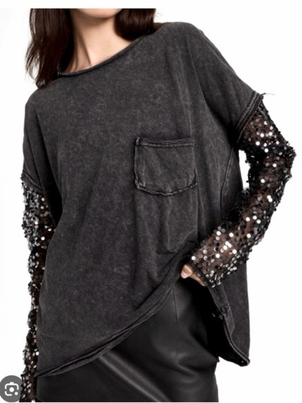 Free People Washed Black Sequin Sleeve Pocket Sweatshirt